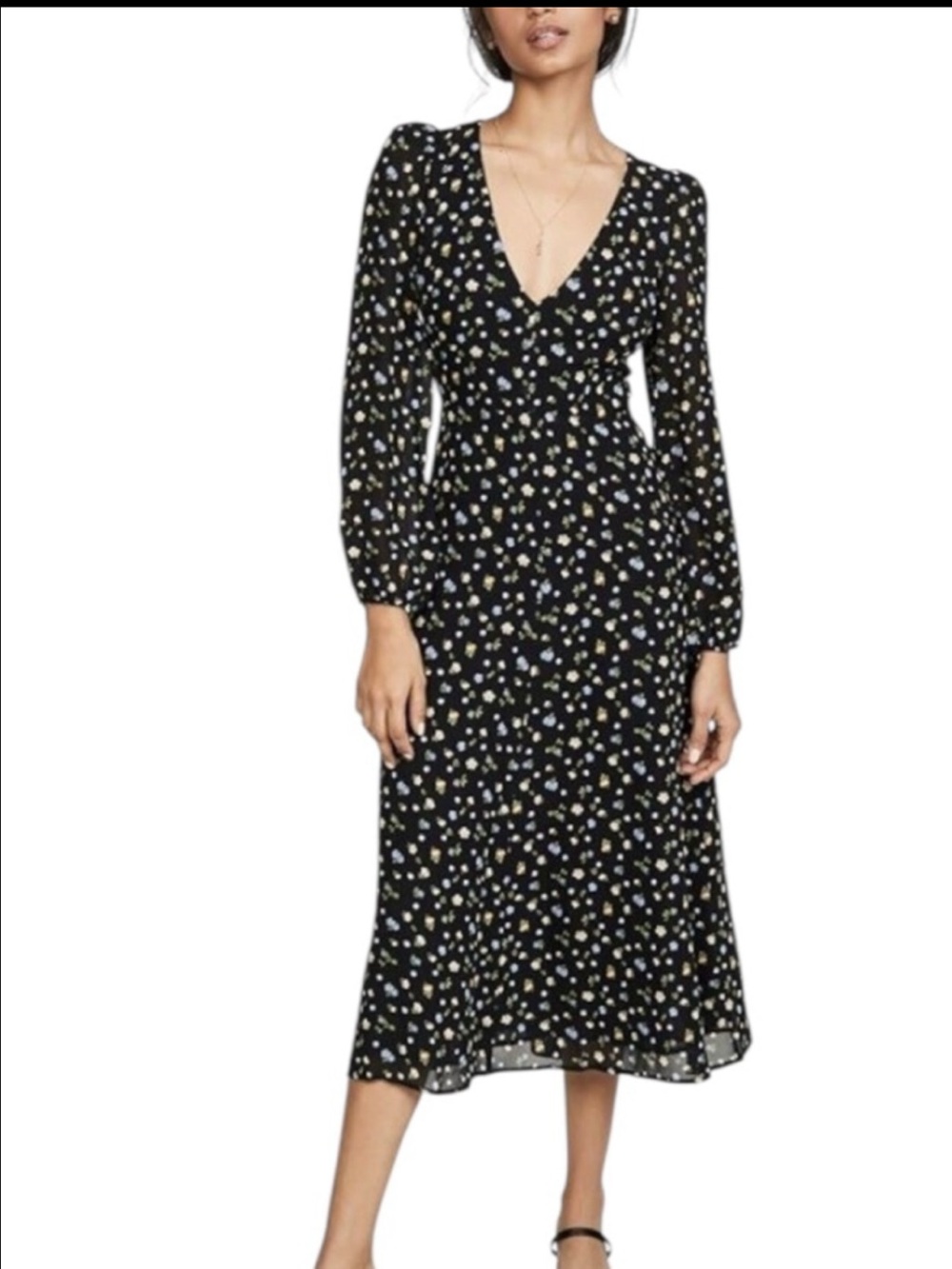 POPSUGAR Black Floral V-Neck Midi Dress with Yellow & White Ditsy Print, size XL